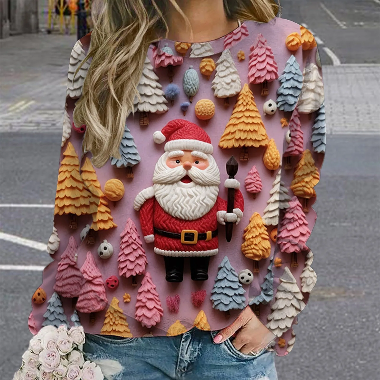 Xmas Women Ugly Pullover Sweater Christmas Full Print Loose Casual Long Sleeve O-Neck Sweatshirts Fall Santa Claus Graphic Tops