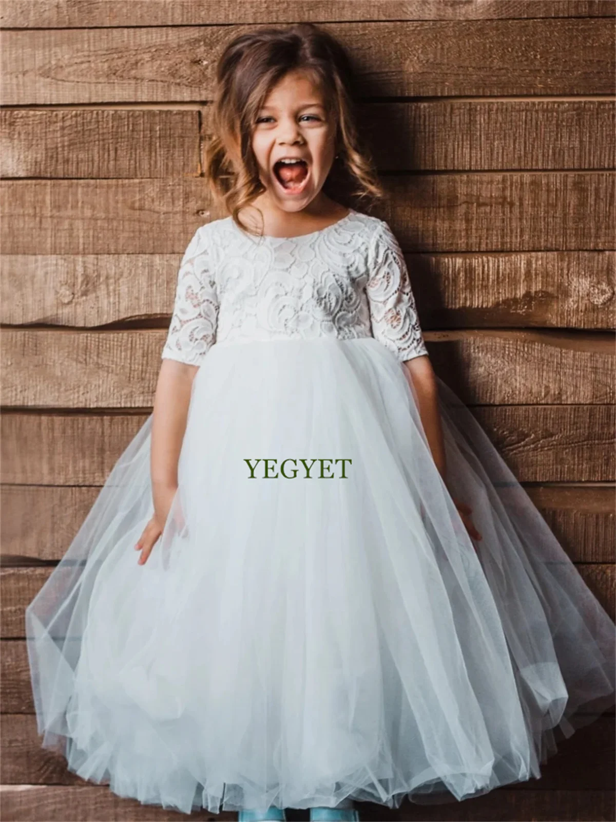 

White Tulle Puffy Flower Girl Dresses Appliques Half Sleeve For Wedding Birthday Party Banquet First Communion Gowns