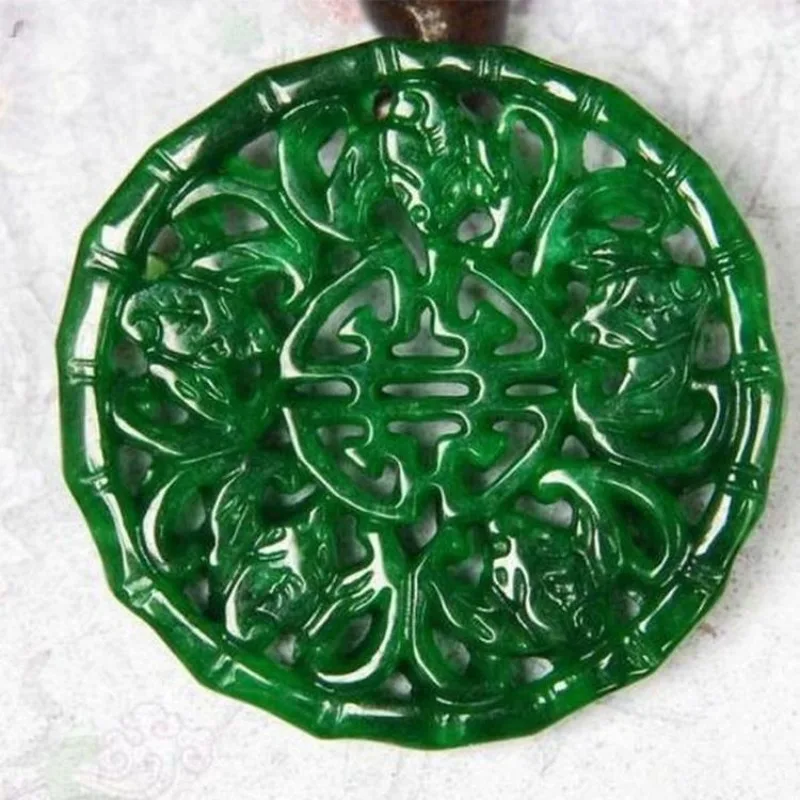 

Emerald Dry Green Jadeite Hollowed Out Wufu Pendant for Men and Women
