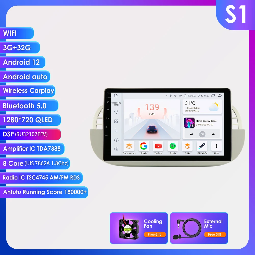 OSSURET 1Din 8G 128G Carplay 9'' Android autoradio voor Fiat 500 2007-2014 GPS Multimedia Videospeler Navi 4G WIFI BT DSP 7862
