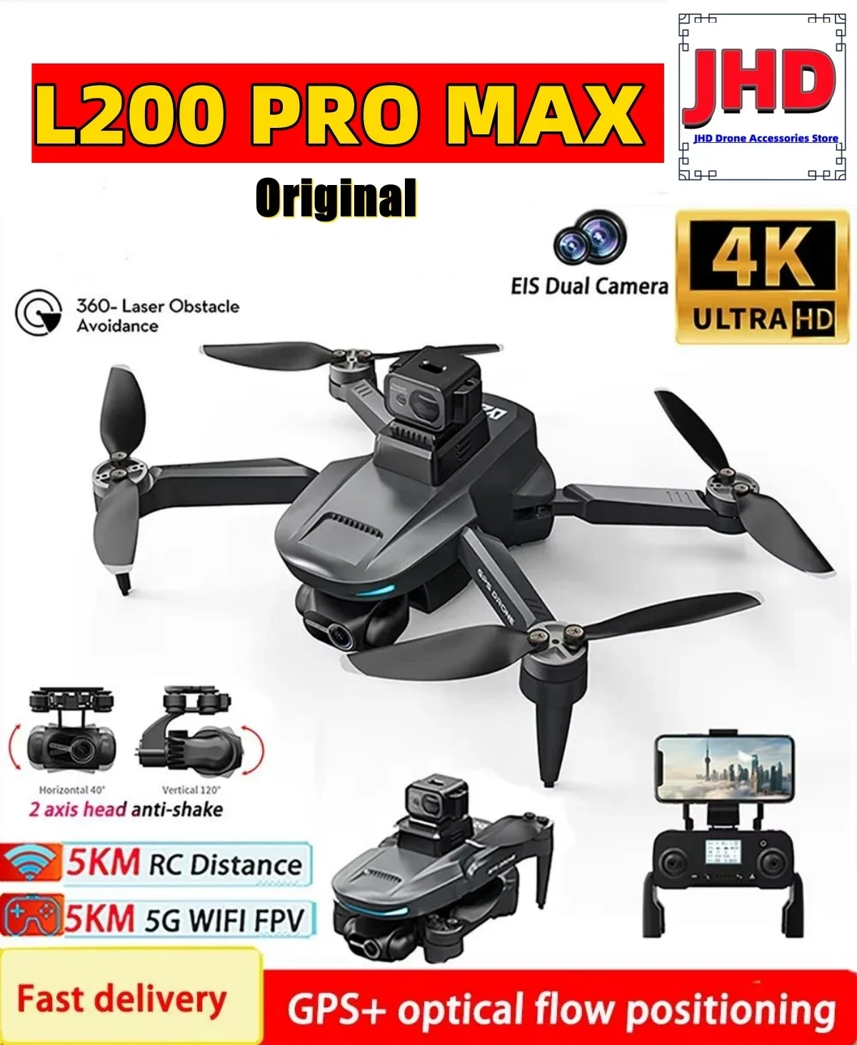 JHD L200 PRO MAX Drone GPS Brushless Motor 4K HD Profesional Quadcopter 2-Axis Gimbal 360° Obstacle Avoidance Drone L200PRO Max