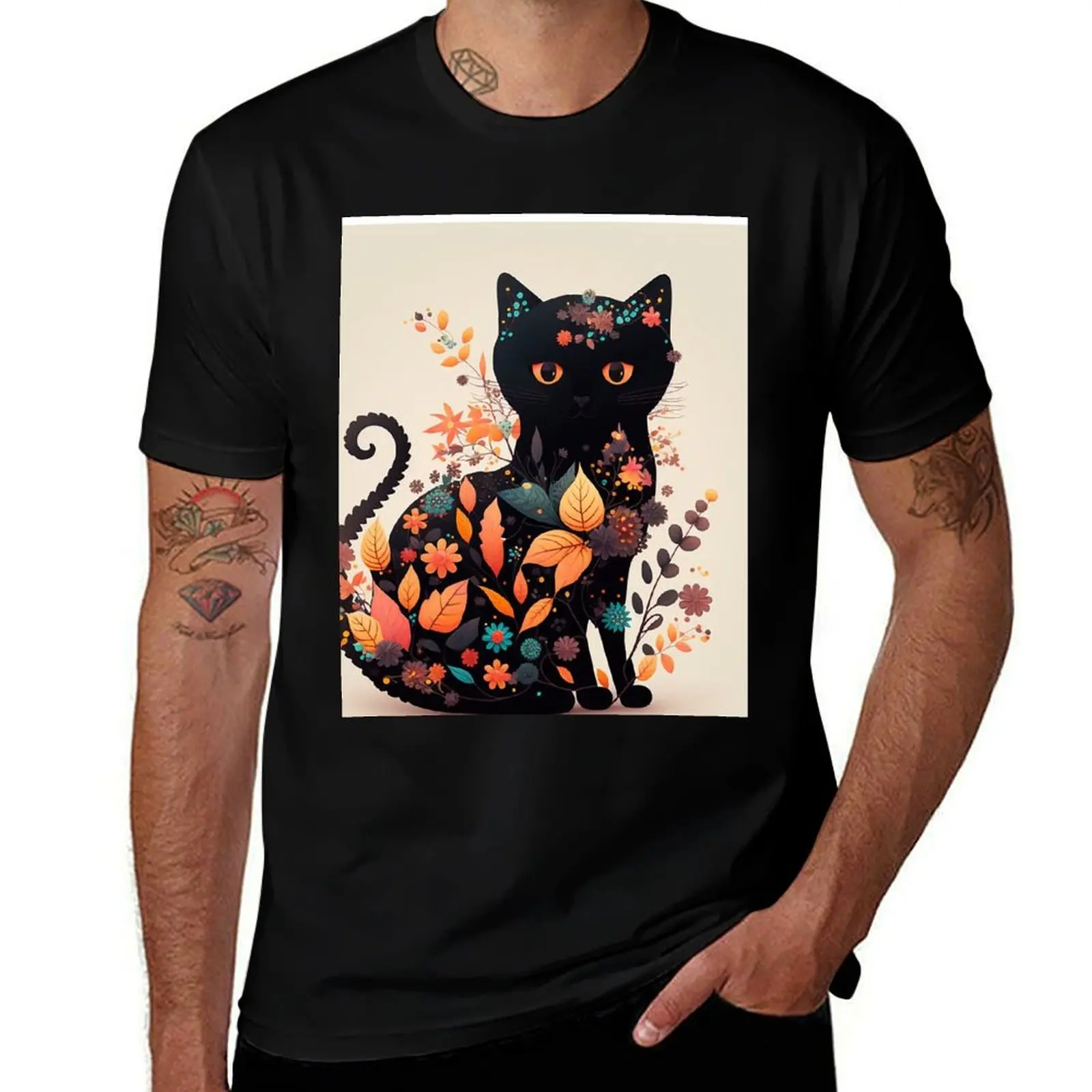 

Black cat with flowers art T-Shirt t shirts for man cotton funny cotton t shirt man