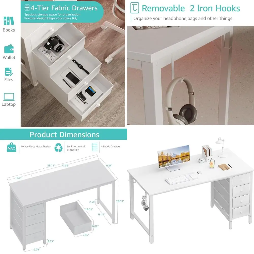 

55 Modern White Desk with Fabric Drawers for Home Office, Bedroom - Study Writing Desk