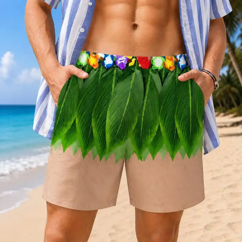 Men's Funny Hawaiian Grass Skirt Swimsuit Tropical Beach Shorts Fun Vacation Gift, Summer Pool Shorts