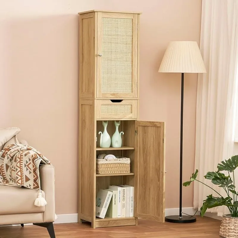 Rattan storage cabinet against the wall, with baffle drawers, bookcase side cabinet