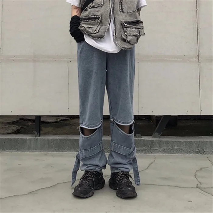 Detachable Ins Men Denim Pants Daddy Straight Belt Hole Men's Clothing Summer Spring Club Party Chic Trend Streerwear Pants