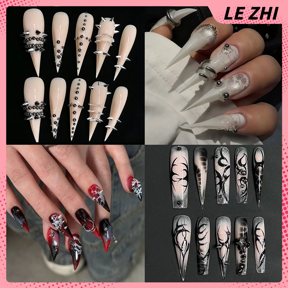 

10Pcs Europe America Spice Girl Handmade Long Beast Claws Square Press On Nails Diamond Chain Rivets Gradients Fake Nails