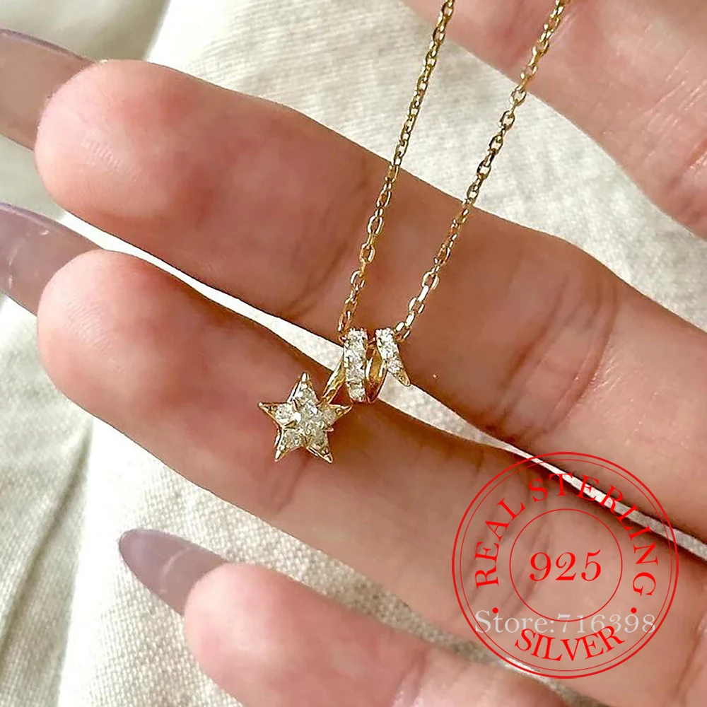 925 Sterling Silver Jewelry 18K Gold Plated Luxury Crystal Star Necklace Pendant for Women Wedding Party Jewelry Gift