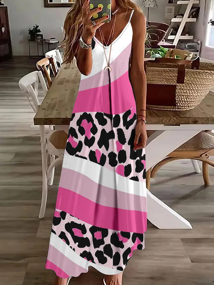 

Pink Striped And Leopard Print Women's Dress Urban Street Fashion Sleeveless Dress Summer Everyday Casual Women's Halter Dress