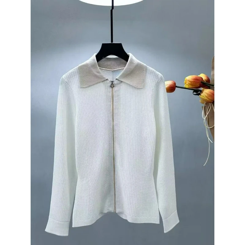 

24 Spring New Korean Golf Clothing Women's Age Reduction Versatile Skinny Thin Lapel Zipper Knitted Cardigan