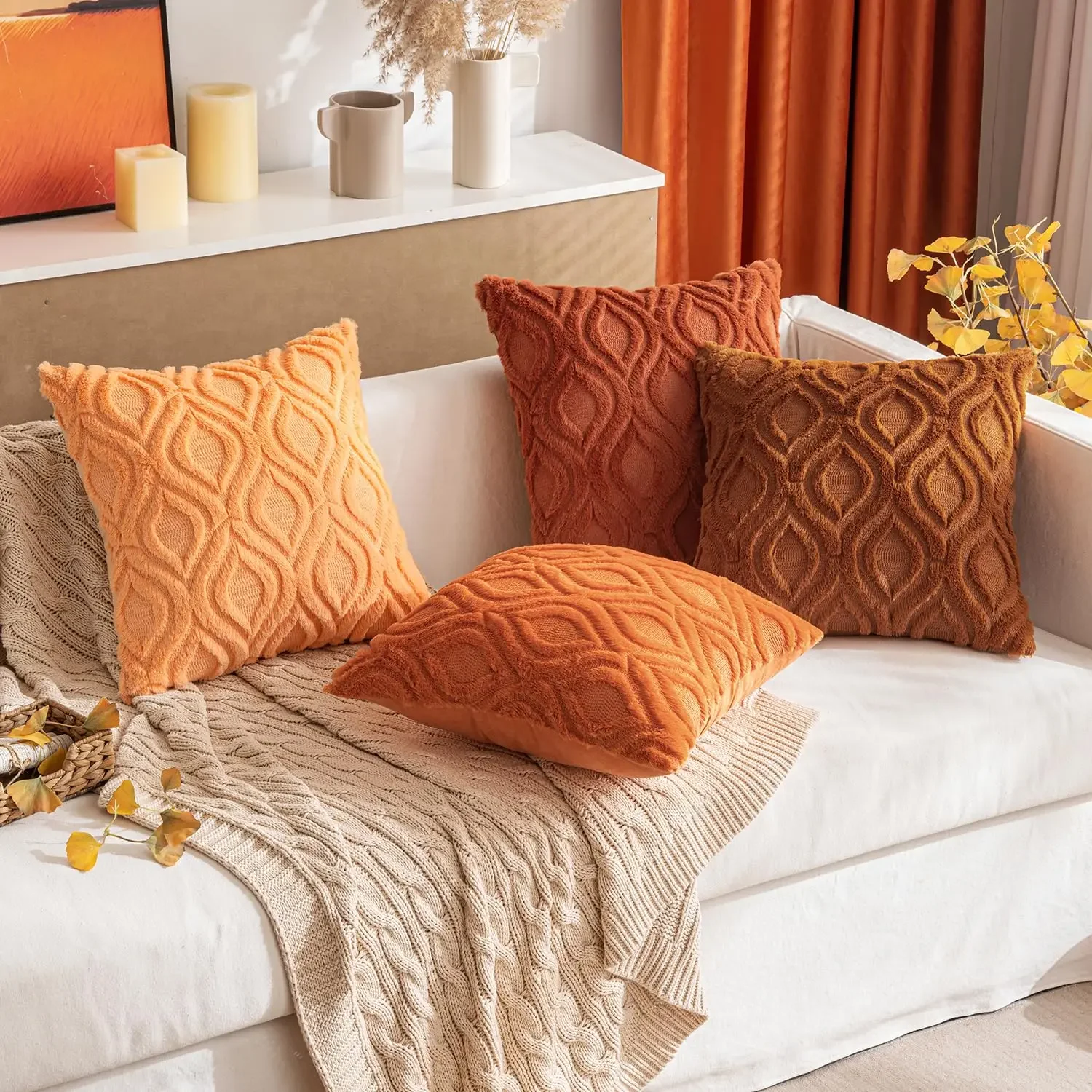 Fall Rust Orange Throw Pillow Covers 45x45CM Soft Plush Faux Wool Couch Cushion Cover Boho Throw Pillow for Sofa Living Room Bed