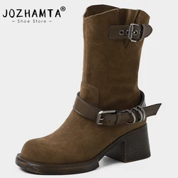 JOZHAMTA Size 34-40 Women Wide Mid Calf Boots Suede Rel Leather Buckle Strappy Vintage Winter 2025 Short Motorcycle Riding Boots