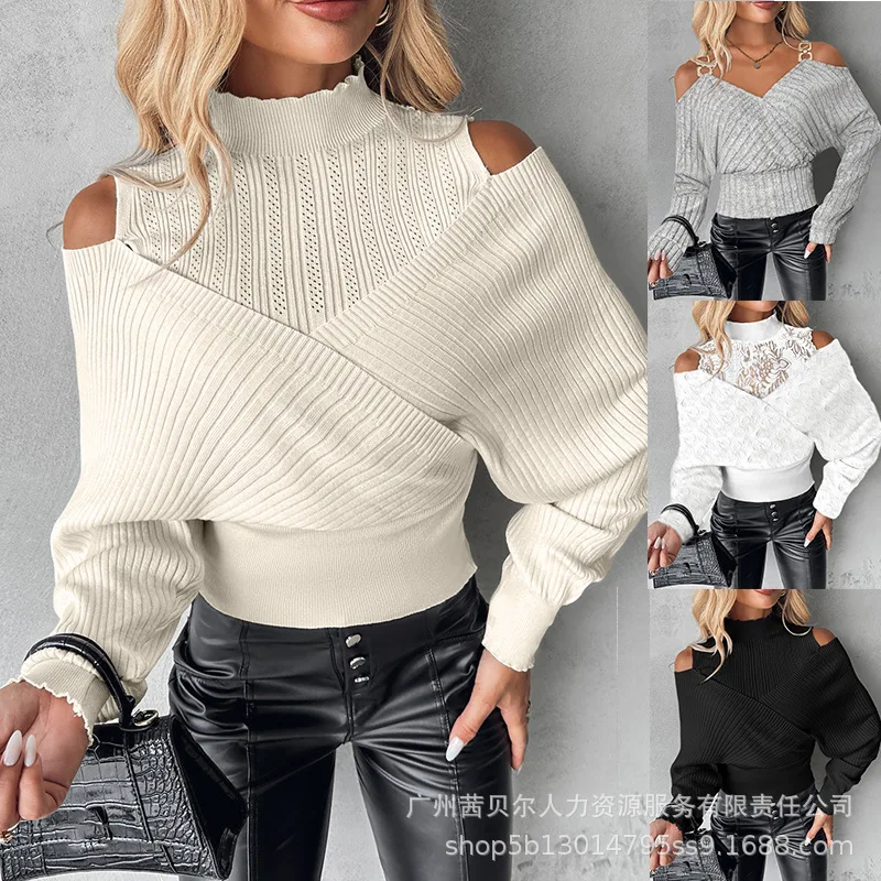 

Overlap Hollow Out Knit Sweater Women Knit Off Shoulder Splice Tops Batwing Sleeve Round Neck Crisscross Thick Jumpers 2024