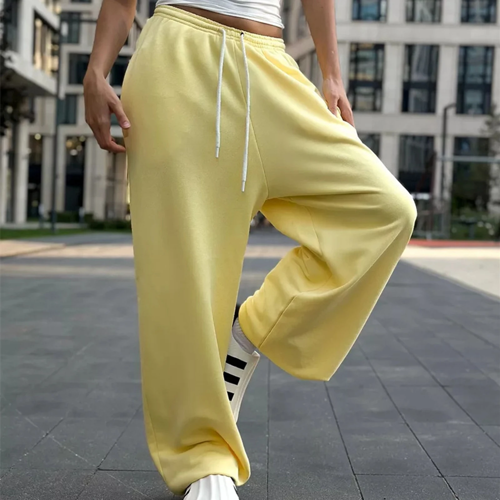 

Женские весенне-летние однотонные свободные брюки с широкими штанинами, на шнурке, с 2 карманами