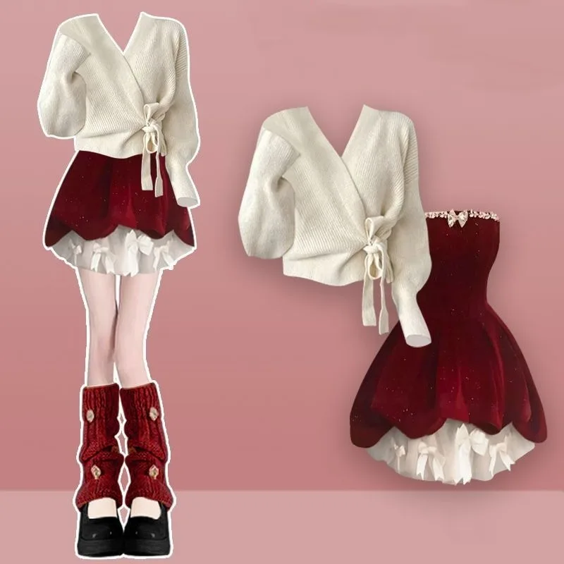 

Женский осенне-зимний блестящий комплект, красное бархатное бальное платье с бантом, свитер, комплект из двух предметов, женское вечернее мини-платье, вязаные топы, наряды