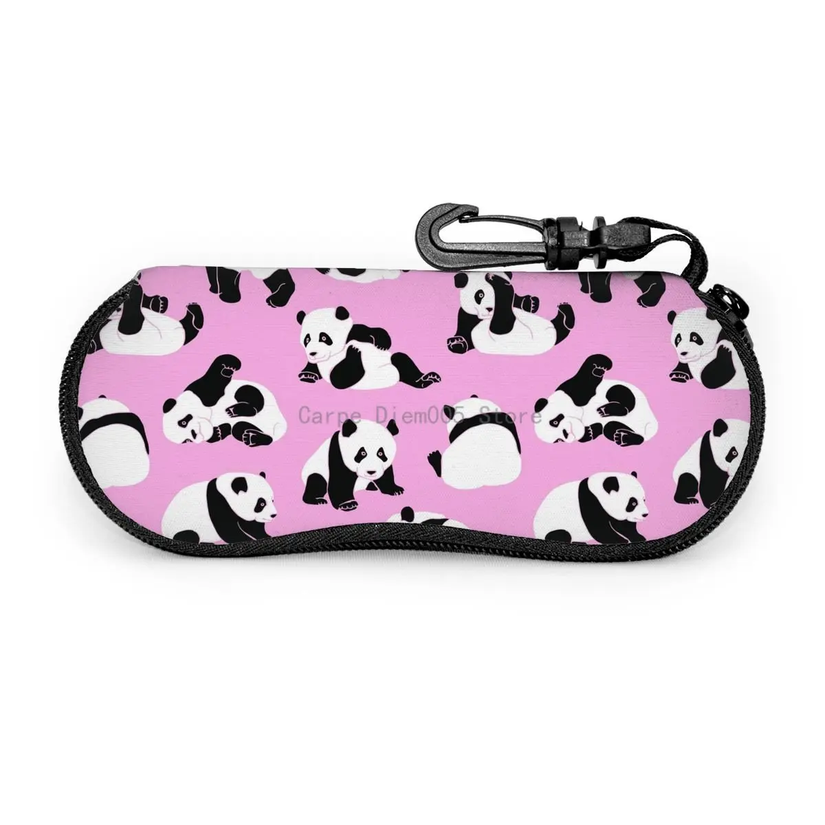 Panda Bear On Pink Sunglasses Soft Case For Women Men Large Zipper Eyeglass Hook Case