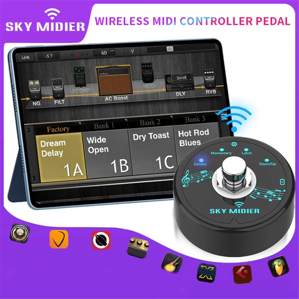 Controlador sem fio MIDI, portátil MIDI pé controlador, sistema de pedal recarregável, Bluetooth 5.1