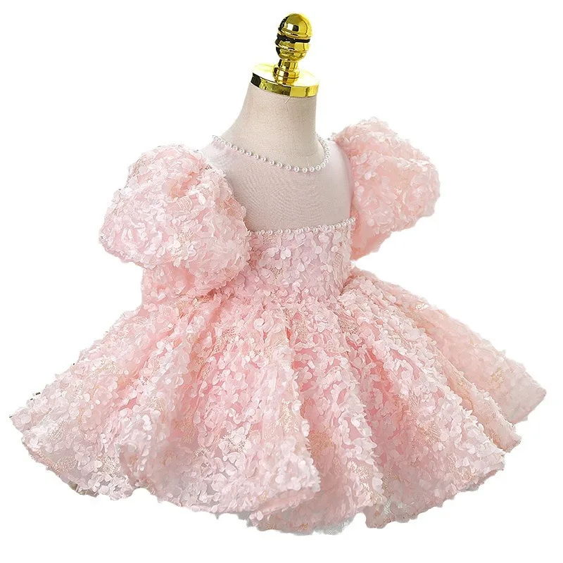 Vestido de princesa pongsa infantil, vestido rosa de ano novo, doce flor, vestido de performance de aniversário de menina