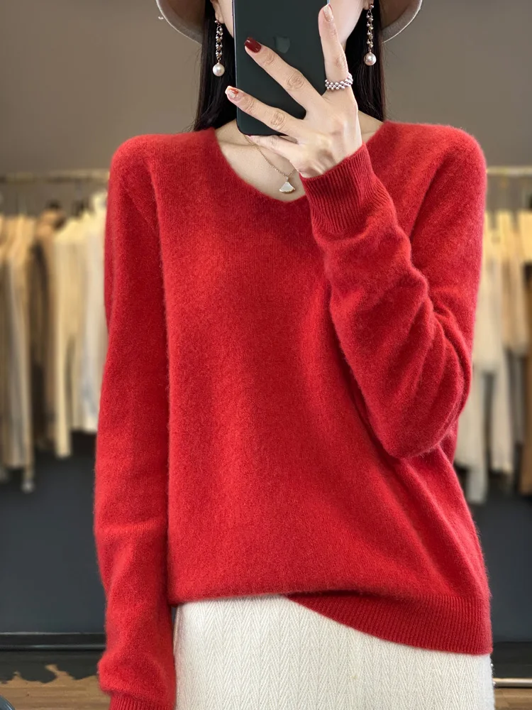 Fashion100% Merino Wool Sweater Cashmere  Pullover Women Knitwear V-Neck Long Sleeve  Autumn Winter Fashion Basic Clothing  Tops