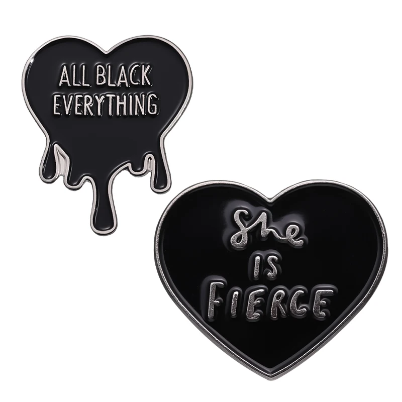 She is Fierce Black Heart Enamel Pins Girl Power All Black Everything Lapel Badge Brooches Jewelry Accessories for Friend