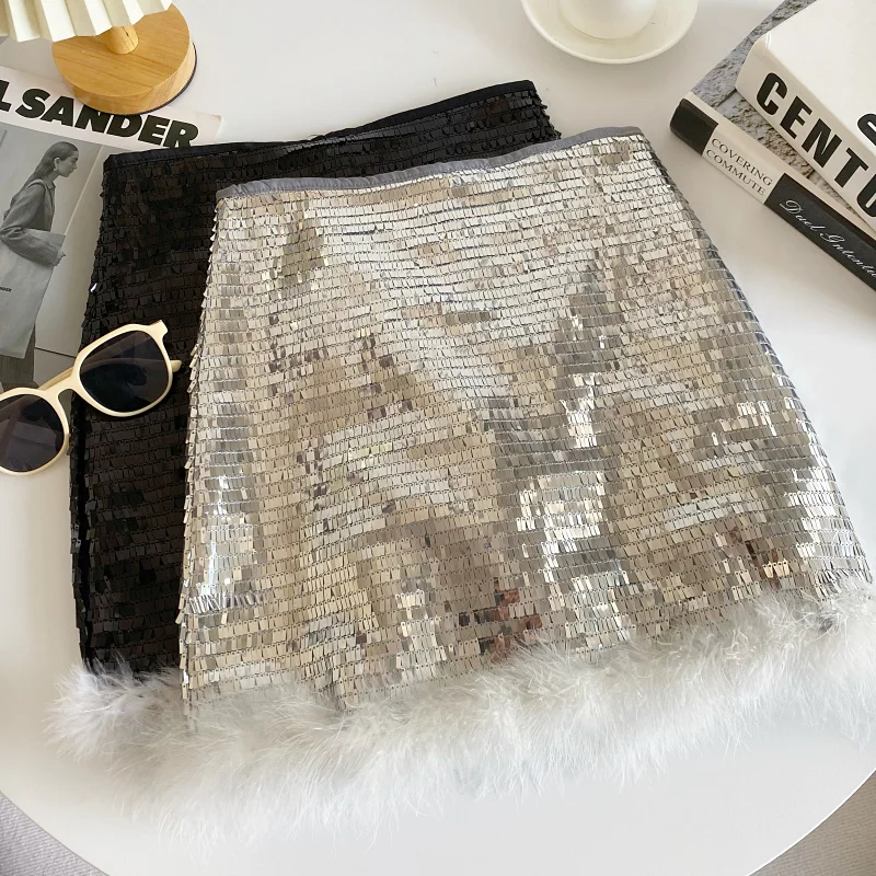 

Korean Version Of The New Heavy-duty Design Furry Splicing Sequin High Waist Bag Hip Anti-exposure Short Skirt For Women