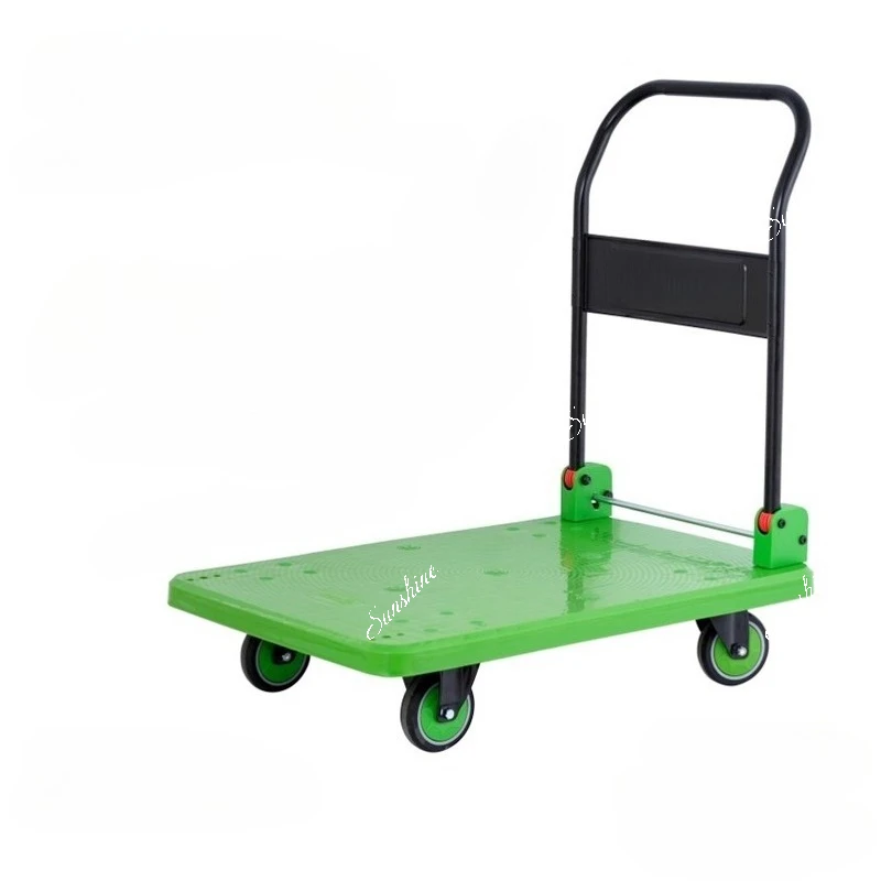 Plastic flat hand push folding four-wheel thickened small trailer home silent