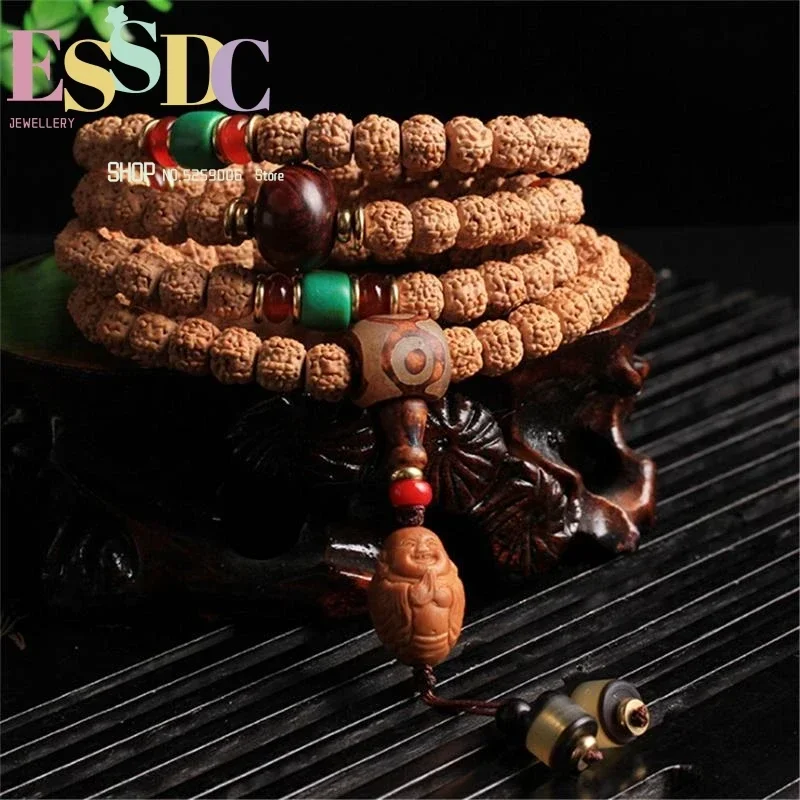 Nueva Llegada: Pulsera Budista de 108 Cuentas de Rudraksha Nepalí con Colgante de Buda Tallado a Mano en Núcleo de Olivo, Joyería Budista para Dropshipping