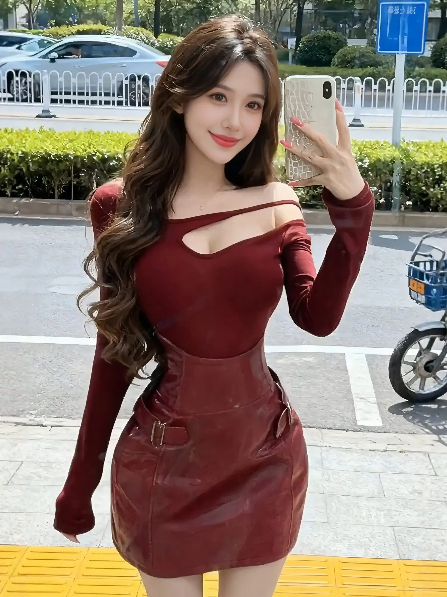 

Sexy Hollow out Long Sleeve Leather Skirt Set Women's Spring Slim Fit Two Piece Suite Red Wine Color Fashionable Casual Wear