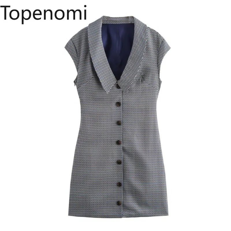 Topenomi Vintage Plaid Sleeveless Dress Women French Elegant V Neck Single Breasted Waist Slim Short Dresses Autumn Winter 2024