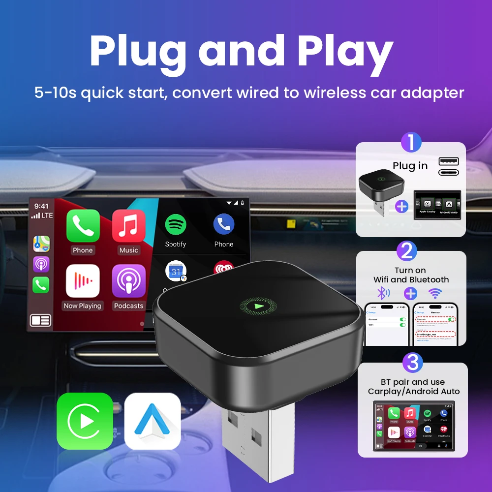 新型ワイヤレスCarPlayアダプター ワイヤレスAndroid Autoアダプター 2in1 マツダ シトロエン アウディ キア フォード オペル トヨタ シュコダ セアト ボルボ対応