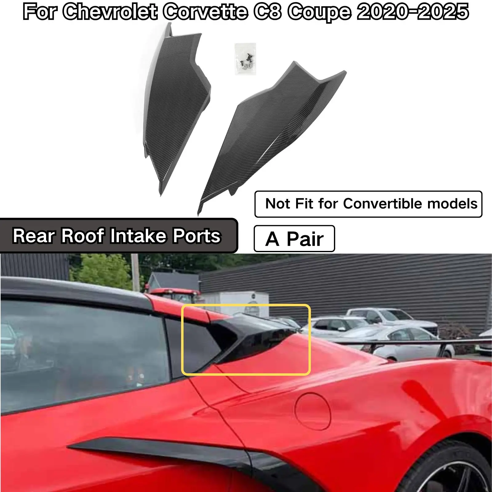 Para Chevrolet Corvette C8 Coupé 2020-2025, Rejillas de Ventilación Traseras para Techo, Accesorios para Auto, Kit de Carrocería, Fibra de Carbono Negra Brillante, Impresión ABS