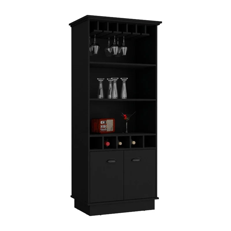 

Bar cabinet with wine rack, upper glass cabinet, three open storage racks and one cabinet
