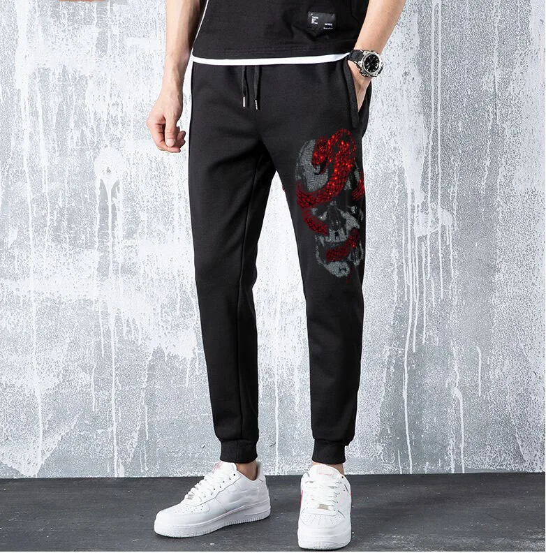 Men's Rhinestones Skull Anime Graphic Slim Fit Streetwear Pants High Quality Fashion Trousers