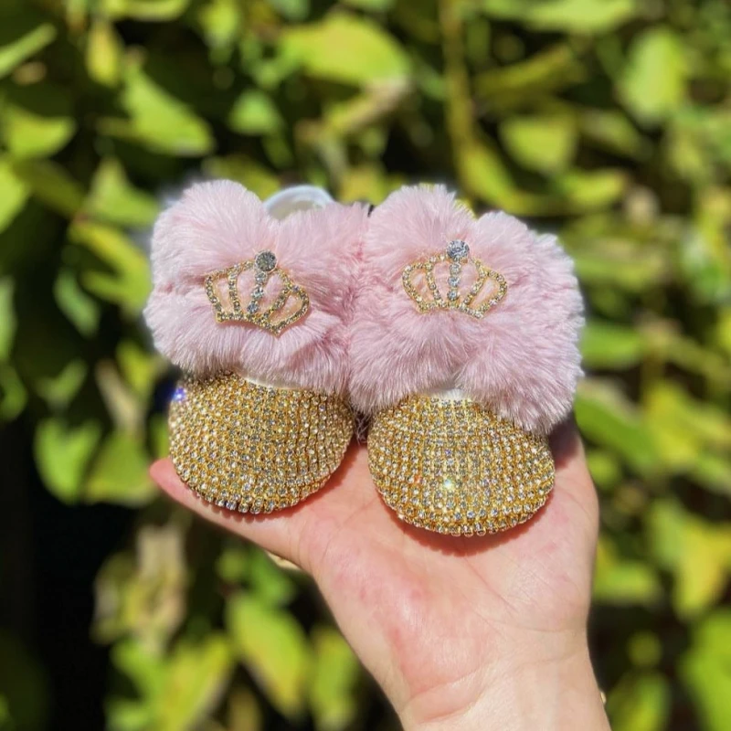 Christmas Gift 1st Birthday Baby Girl Bling Shoes Headband Rabbit Fur Ostrich Fur Luxury Sparkle Rhinestones Prewalkers 0-6m