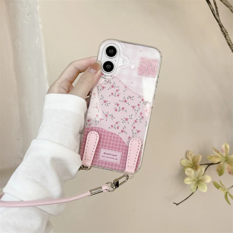

Pink Plaid Floral Phone Case For iPhone 17 16 15 14 Pro Max, Cute Rose Flower Pattern with Pink Wrist Strap Protective Cover