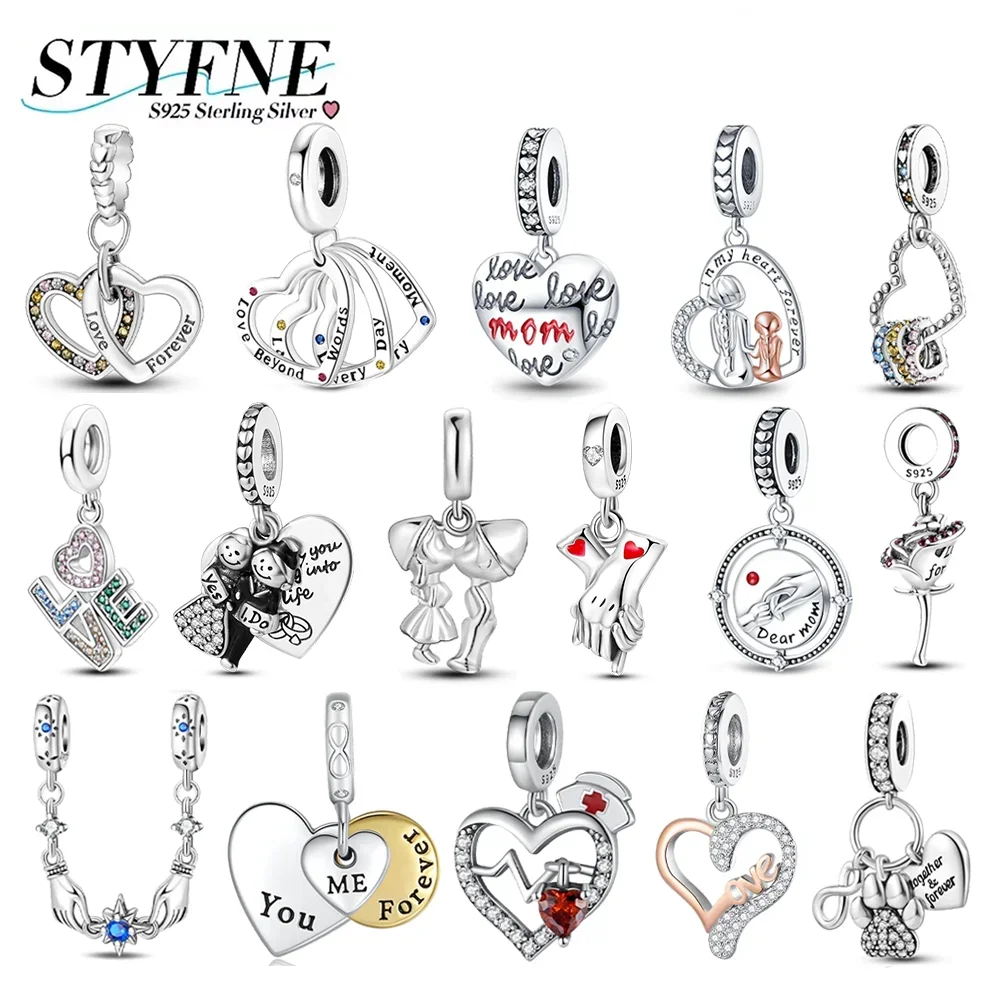 

Original Charms 925 Silver Zircon Heart-shaped Beads Love Letter Romantic Couple Pendants Fit Bracelets DIY Jewelry Women Gift