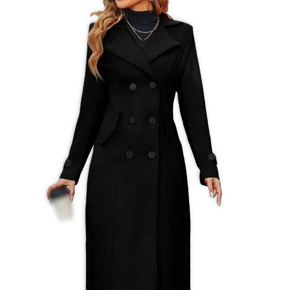 Women Long Woolen Coat Jacket Solid Long Coat 42 S 94 37.01 108 42.52 Women Woolen Coat Medium Elasticity Solid Color Pattern