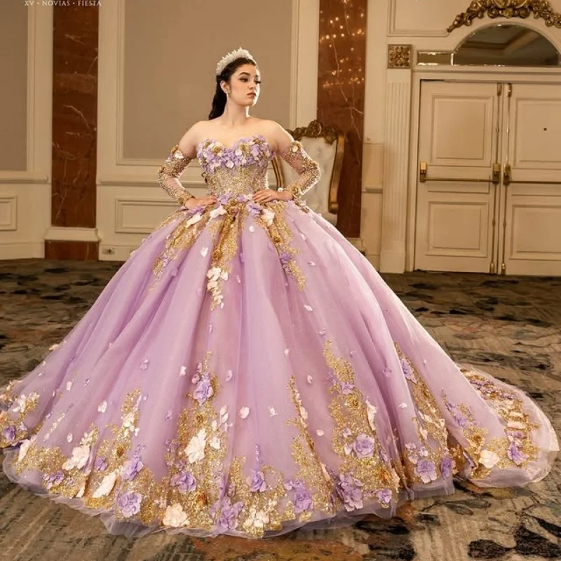 

Фиолетовые платья Quinceanera по индивидуальному заказу с открытыми плечами, блестящая аппликация, длинный хвост, кружево с 3D цветком, Vestido 15, Quinceanera