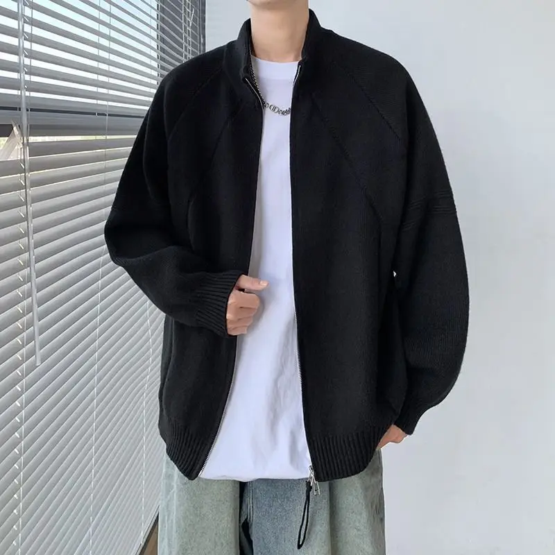 

Men's Textured Zipper Stand Collar Casual Loose Fit Jaet Soft Polyester Winter Long Sve Comfortable ex Sweater Coat