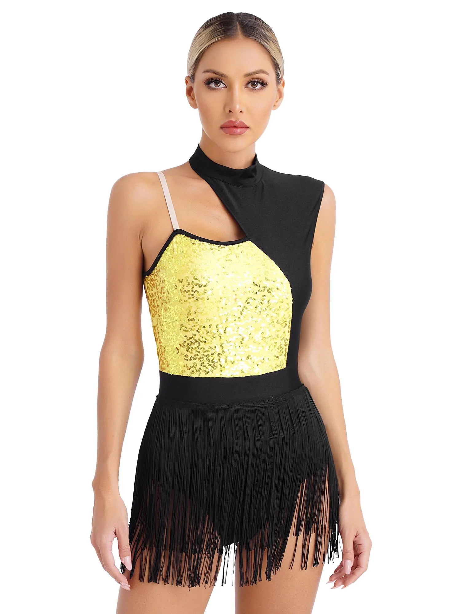 Womens Latin Dance Leotard Shiny Sequins Contrast Color Cutout Sleeveless Fringed Bodysuit for Dance Party Stage Performance