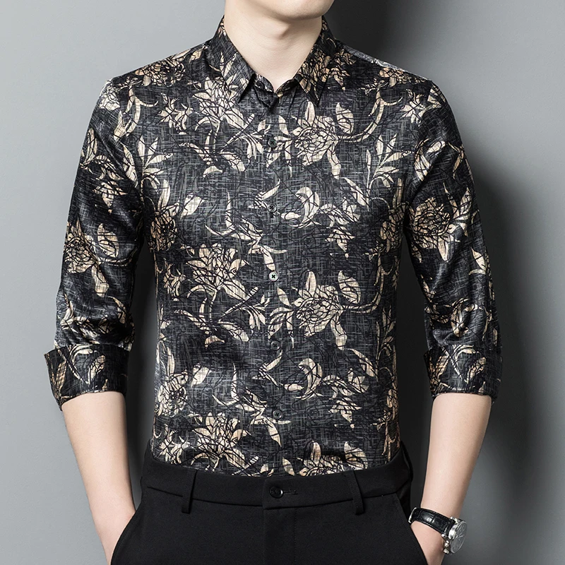 

Premium Lightweight Shirts For Men Long Sleeve Silk Blends Print Autumn High-Quality Coolness Gentleman Casual Camisas De Hombre