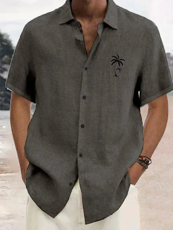 Men's Simple and Fashionable Coconut Tree 3D Printed Lapel Button Short-sleeved Shirt Loose Hawaiian Beach Casual Outdoor Top