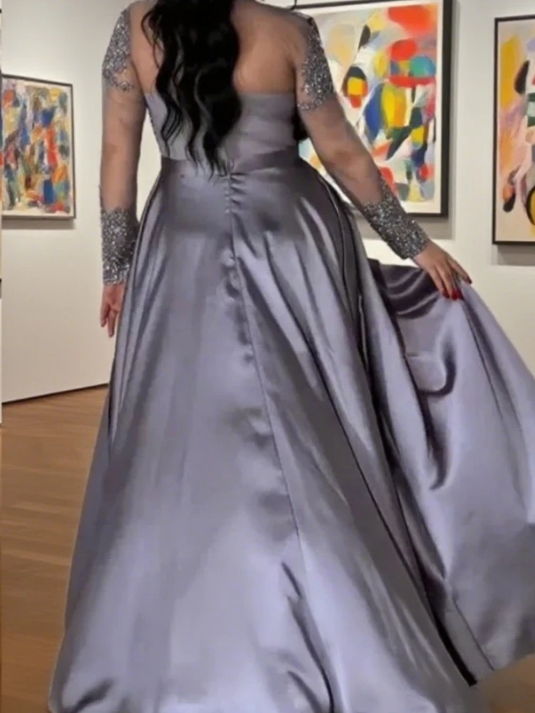 Lange mouw hoge hals zeemeermin grijze avondjurk voor bruiloft luxe lovertjes formele galajurk Dubai feestjurk op maat