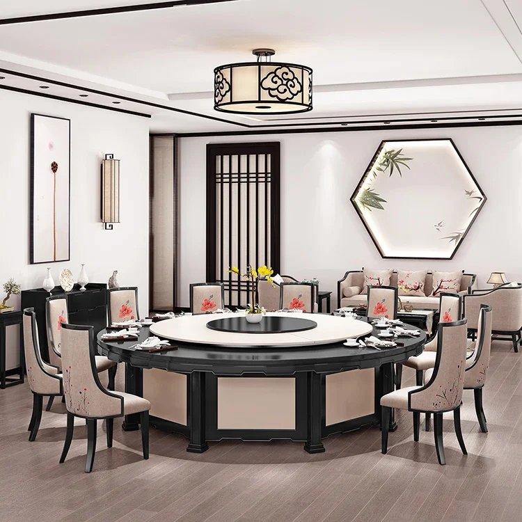 Commercial Furniture Wooden Automatic Rotating Dining Table 12 Chairs Big Space Dinner Party Table Remote Control Turntable