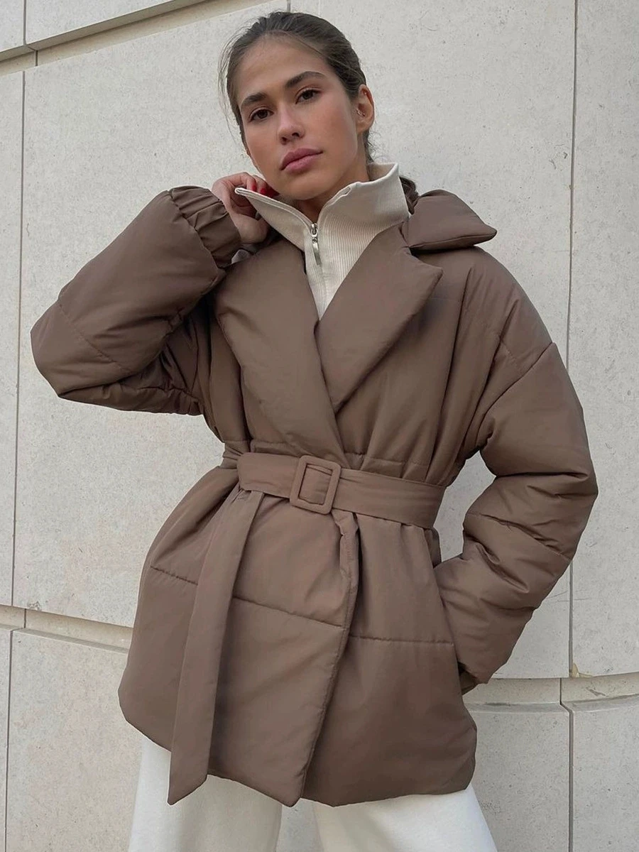 Women Winter Lapel Cotton Coat 2025 New Warm Thicken Slim Cotton Coat Solid Color Belt Cotton Padded Jacket Women Long Parkas