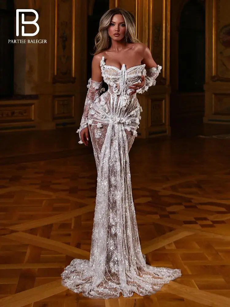 Pb luxo branco renda vestido de noiva sexy sem alças espartilho vestido de noite com trem transparente elegante floral casamento vestido longo