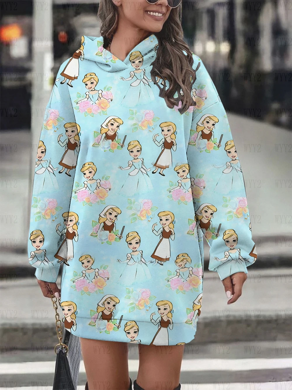 Disney-Muster Herbst und Winter Damen neues bedrucktes Kapuzenpulloverkleid locker lässig einfaches langärmeliges Kleid bequem