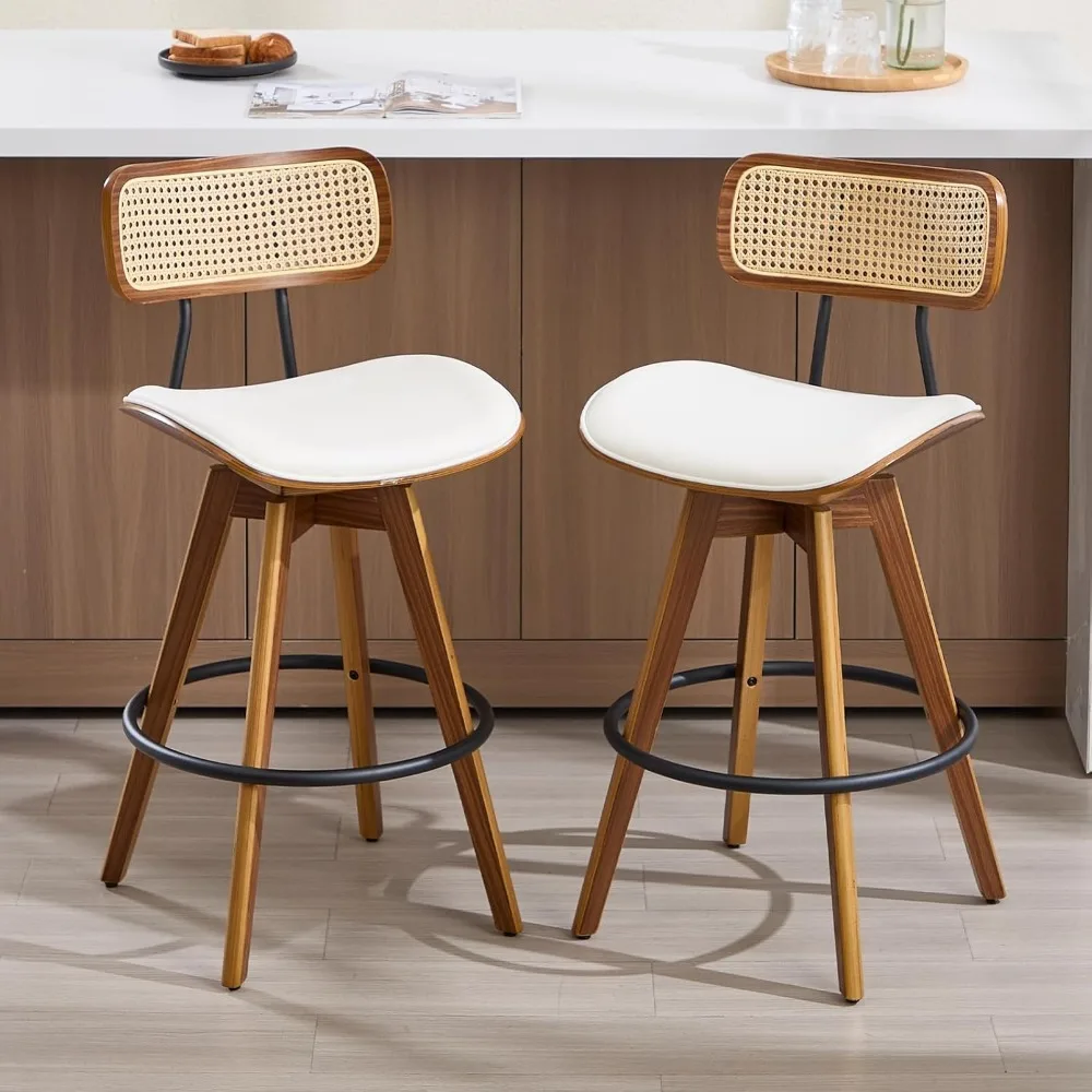 

Swivel Bar Stools Set of 2, Faux Leather Counter Height Bar Stools with Rattan Back, 26" Seat Height Upholstered Bar Chairs