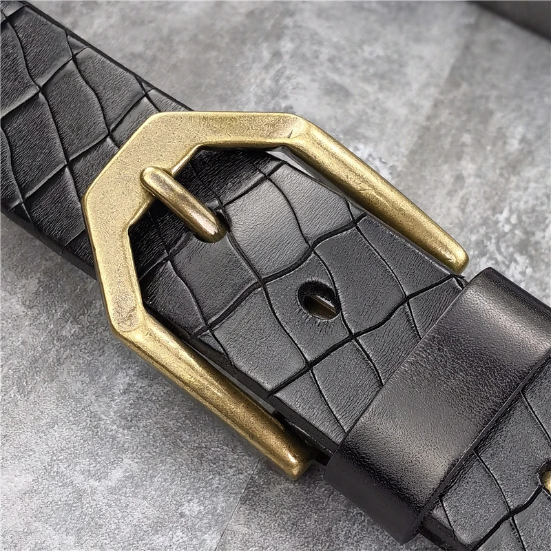 Heavy Retro Solid Brass Pin Belt Buckle Carving Top Thick Designer Men Belt Genuine Leather Luxury High Quality Ceinture MBT0611