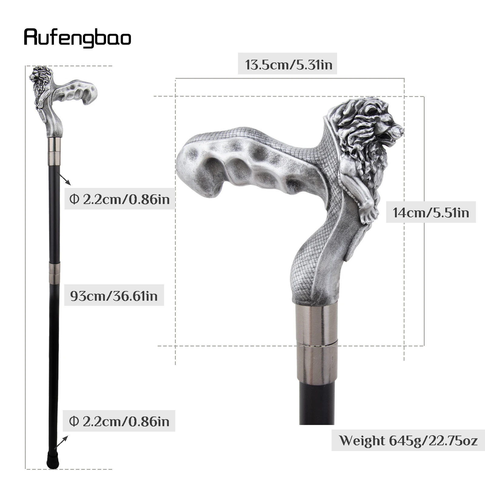 Silver Lion Head Resin Walking Cane Colorful Costume Prop Stylish Cane Aesthetic Decorative Stick, Theatrical Prop 92cm